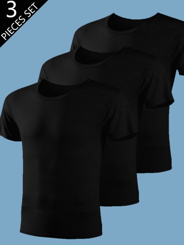 Three Men'S Short-Sleeve Solid Color T-Shirts in Black And White, Lightweight, Breathable, Comfortable for Sports And Casual Wear, Featuring a Round Neck And a Simple, Stylish Design. - Image 3