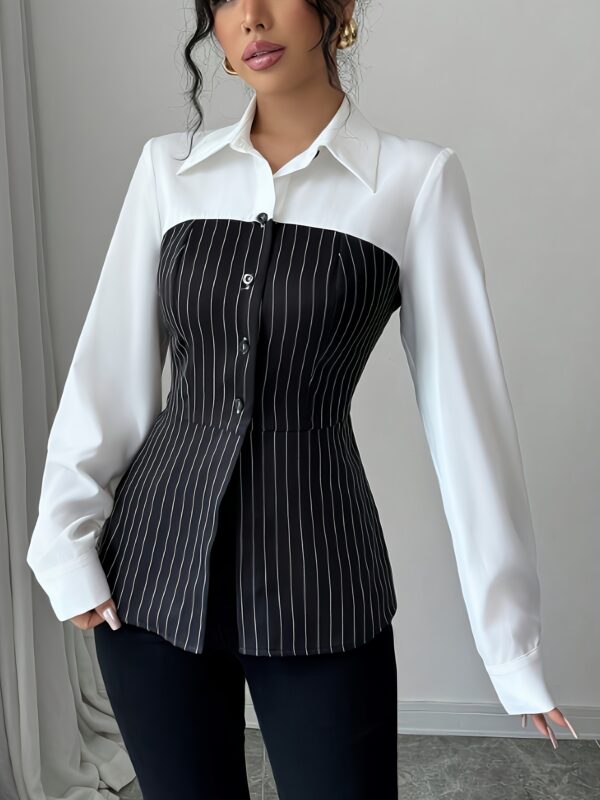Women's Elegant 2-in-1 Striped Shirt with Classic Collar & Single-Breasted Button Front - Long Sleeve Slim Fit Blouse for Spring Summer Fall, Machine Washable Casual Office Wear, Versatile Fashion | Sophisticated Look | Nontransparent Fabric, Ladies Blouses - Image 4