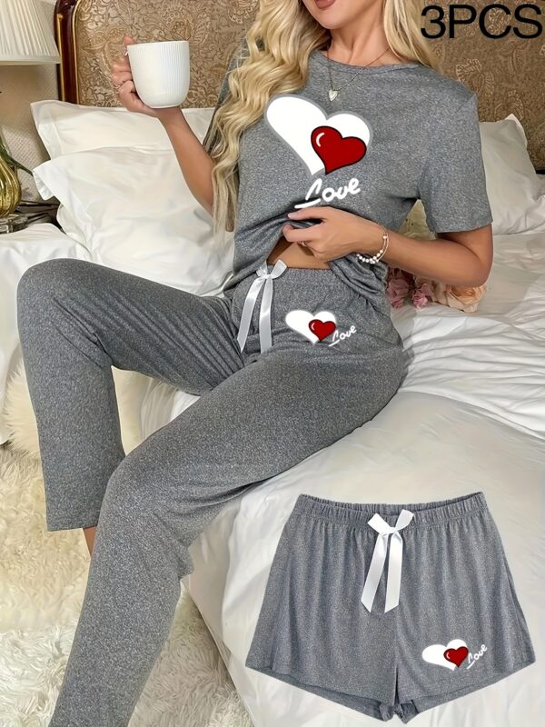 3pcs Women's Spring and Summer Pajama Set - Simple Heart Print Round Neck Short Sleeve Top with Bow Elastic Waist Shorts & Long Pants, Comfortable Casual Home Wear Outfit - Image 3