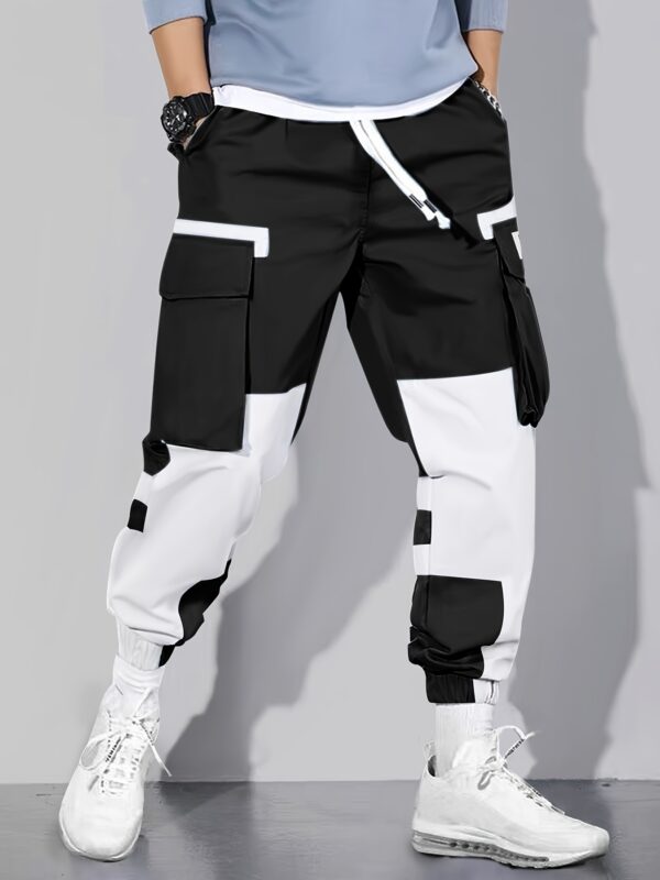 Men's Color Blocking Cargo Pants with Multi Pockets, Casual Drawstring Trousers for Outdoor Activities - Image 2