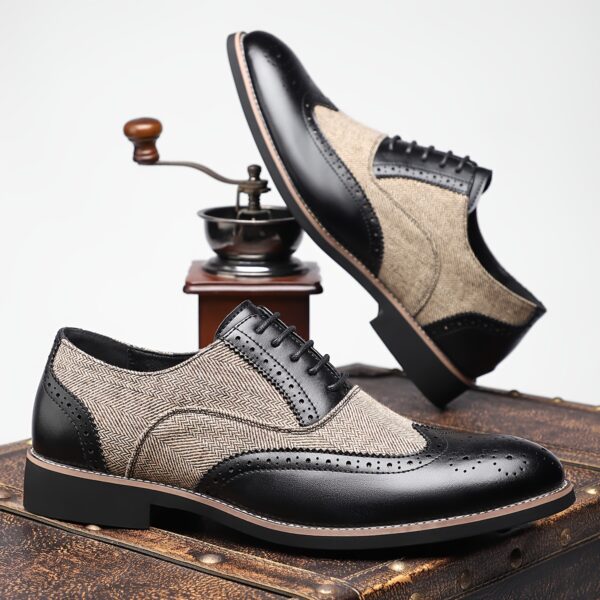Men'S Vintage Business Casual Shoes - Low-Top Lace-Up Dress Shoes with Pointed Toe, Faux Upper & Inner, Rubber Sole & Insole, Beige & Brown Striped Design for Daily & Professional Wear, Classic Dress Shoes, Fabric Lined Interior - Image 5