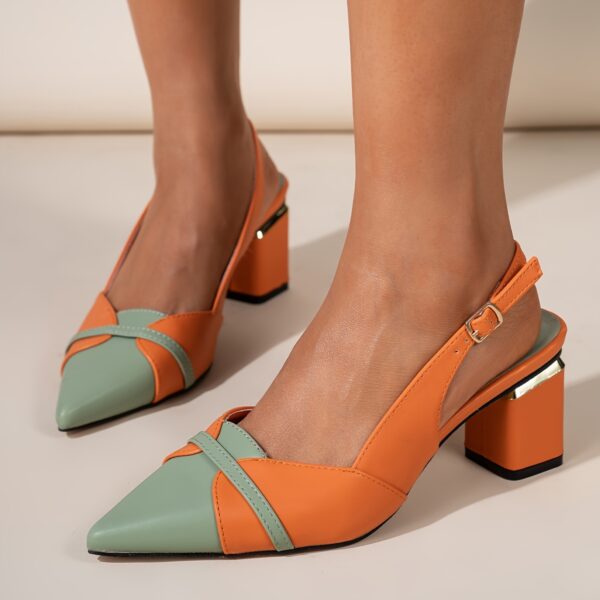 Women'S Classic Color-Block Pointed-Toe Mid-Heel Pumps with Ankle Strap - Comfortable Synthetic Cover Dress Shoes in Vibrant Colors (Red, Yellow, Green, Black, Orange, Teal) for All-Season Formal & Casual Wear, Versatile Heel Style, Durable Rubber Sole - Image 2