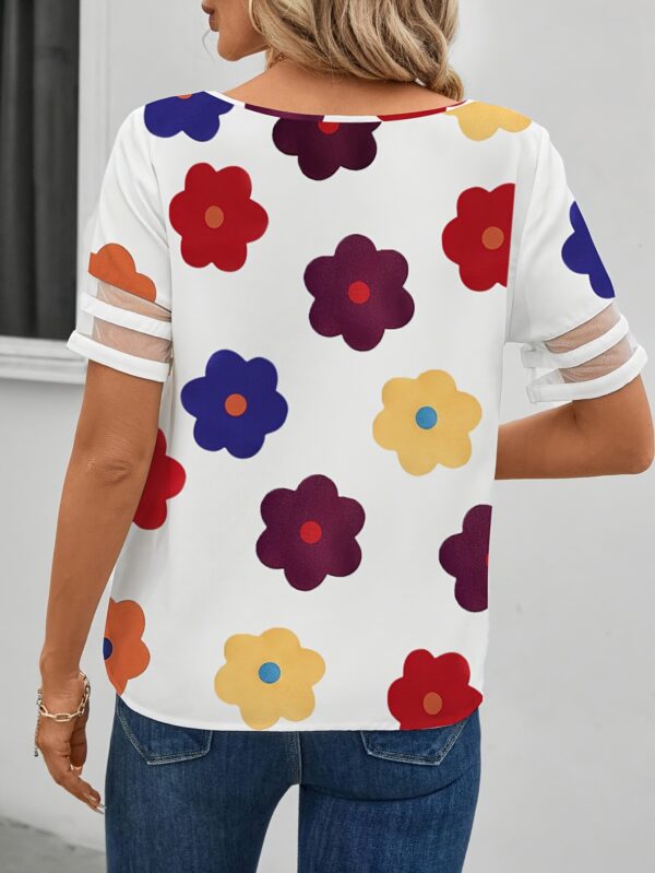 Women'S Summer Casual Floral Print Blouse with Mesh Detail - Short Sleeve, Asymmetric Neck, Loose Fit, White Background with Colorful Flowers, Perfect for Casual Attire, Casual Attire Blouse | Floral Print Top | Asymmetric Neckline, Ladies T Shirts - Image 12