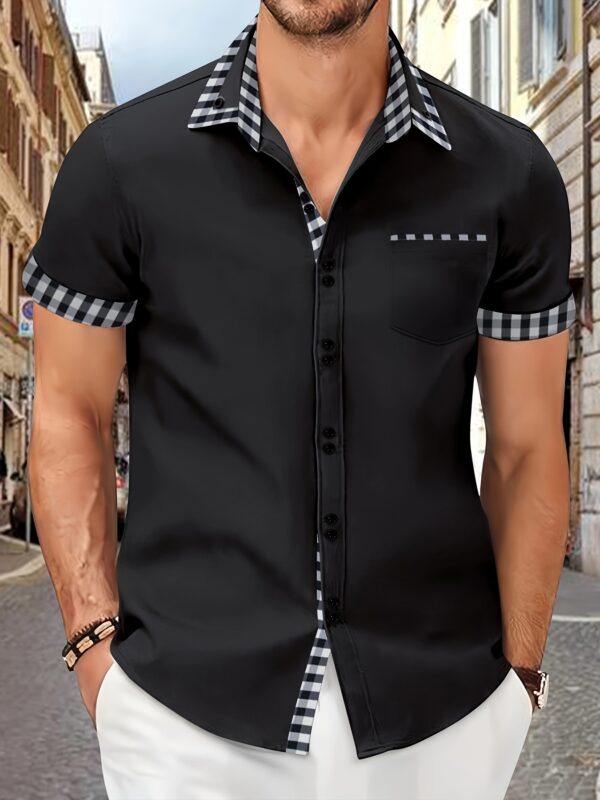 Men's Summer Short Sleeve Plaid Button Shirt with Patchwork Pockets Casual Shirt