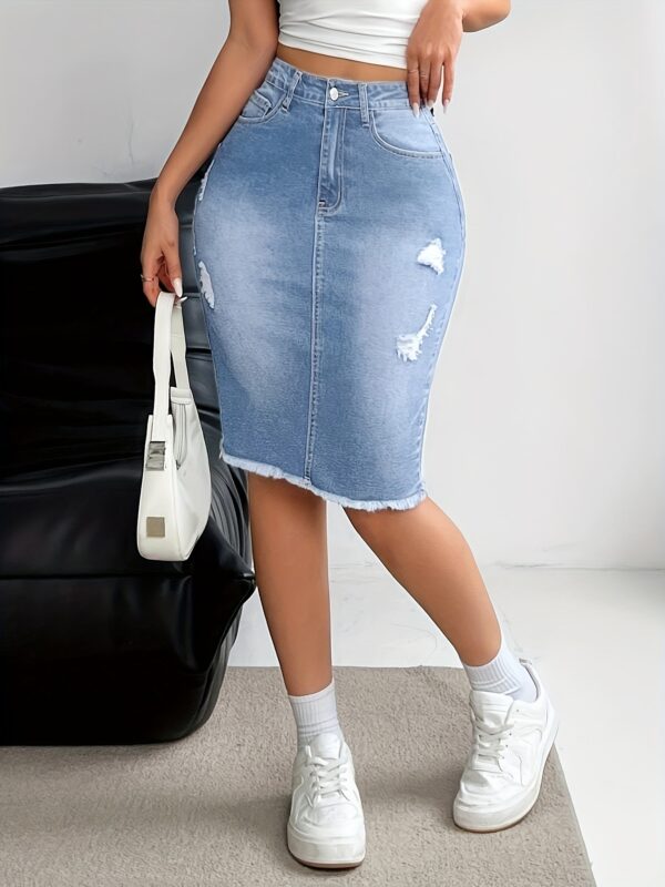 Women's Casual Distressed Knee-Length Denim Skirt - Mid-Stretch Machine-Washable Pencil Skirt for Spring Summer Fall, Regular Fit Solid Color Casual Attire, Seasonal Fashion, Medium Elasticity - Image 3