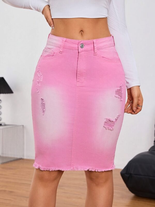 Women's Casual Distressed Knee-Length Denim Skirt - Mid-Stretch Machine-Washable Pencil Skirt for Spring Summer Fall, Regular Fit Solid Color Casual Attire, Seasonal Fashion, Medium Elasticity - Image 10