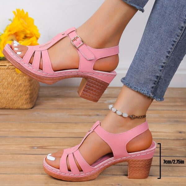 Women's Solid Color Stylish Sandals, Summer T-Strap High Heels, Casual One-Strap Non-Slip Chunky Heels - Image 4