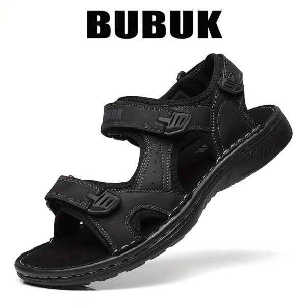 Men's Summer Sandals with Thick Sole, Breathable Head Layer Cowhide, Hook & Loop Closure, Lightweight Fabric Liner, PU Sole & Insole, Solid Color Casual Beach Shoes for Outdoor Activities - Image 7
