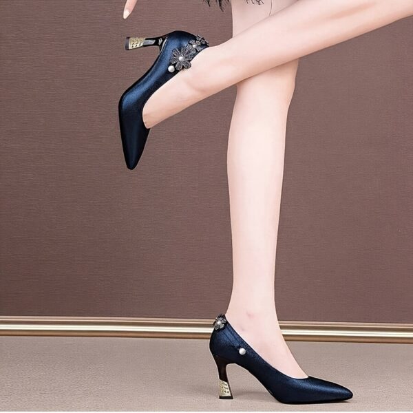 Elegant Navy Blue Pointed-Toe Pumps for Women - Chunky Heel, Fabric Upper with Floral Embellishments, Comfortable Rubber Sole, Perfect for Fall Fashion, Formal Footwear | Floral Embellished Shoes | Durable Footwear - Image 5
