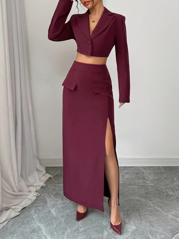 Premium Elegant Fashion Business/Office Suit in Purple Fabric, V-Neck with Fall Shoulder, Regular Sleeve Crop Top, High Waist with Fake Pockets, Straight Slit, New Women'S Suit Set for Spring And Autumn. - Image 9