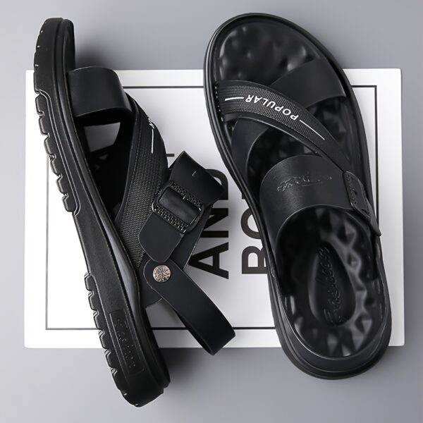 Men's Slip-On Sandals - Soft Cushioned Insole & Arch Support - PU Beach Shoes for Driving, Outdoor, Casual - Wide Width Available - Black - Easy-Clean Summer Footwear, Comfortable Driving Shoes, Sleek Strap Design, Breathable Material - Image 3