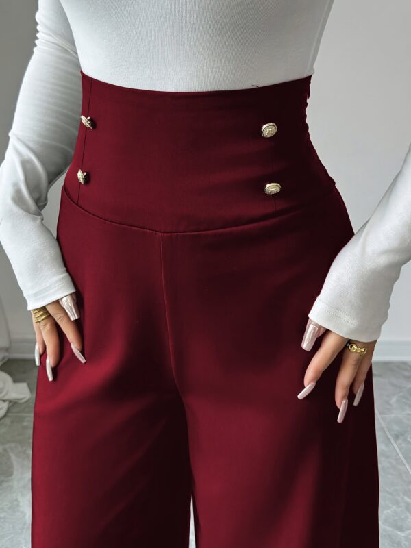 Elegant High-Waist Wide Leg Pants for Women - Burgundy Solid Color with Double-Breasted Detail, Flowy Design, Machine Washable, Perfect for Spring Office or Casual Outfits, Professional Workwear, No Stretch Fabric - Image 5
