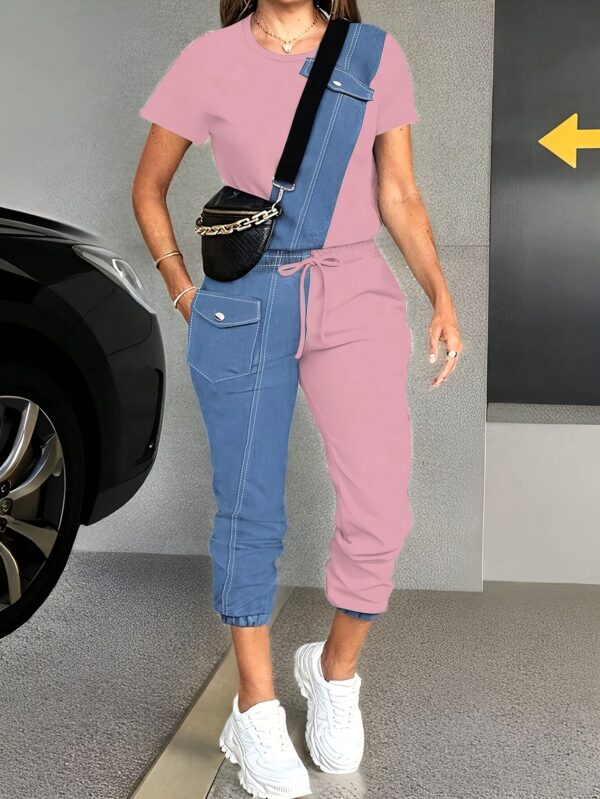 Ladies' Spring/Summer Casual Color blocked Short sleeved Pants Set -222- Round neck Short sleeved Top and Drawstring Pants Elegant and Loose, Women's Gift for Women, Suitable for Commuting, Going Out, Home, s - Image 3