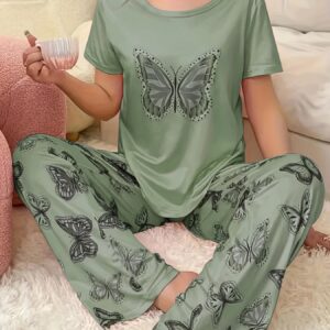 2pcs Women'S Butterfly Print Pajama Set - Soft Green Polyester with Floral & Leaf Accents, Short Sleeve, Round Neck, Perfect for Relaxation and Sleepwear, Relaxation Wear | Floral Print Pajamas | Polyester Fabric