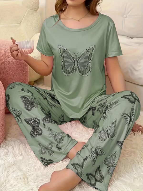 2pcs Women'S Butterfly Print Pajama Set - Soft Green Polyester with Floral & Leaf Accents, Short Sleeve, Round Neck, Perfect for Relaxation and Sleepwear, Relaxation Wear | Floral Print Pajamas | Polyester Fabric