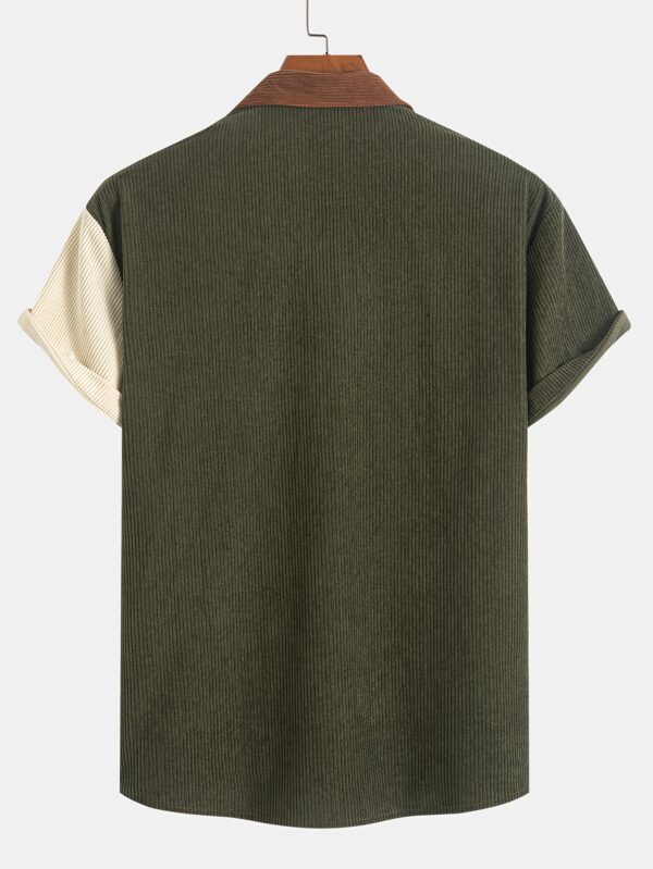 Men's Stylish Color Block Corduroy Button-Up Shirt with Chest Pocket - Short Sleeve, Olive Green & Beige Two-Tone Design, Casual Summer Wear for Everyday & Parties - Image 2