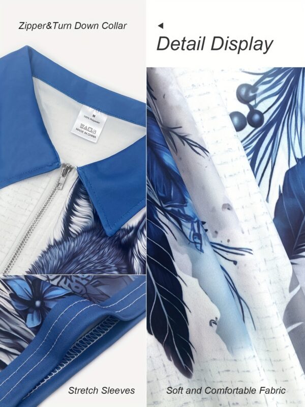 Men's 3D Wolf Print Shirt - Stylish White & Blue, Breathable Polyester, Short-Sleeved with Slightly Elastic Lapel - Ideal for Work or Streetwear, Summer Wear - Image 3