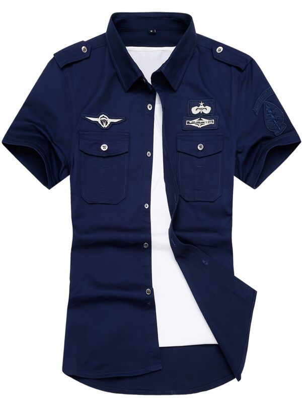 [Retro Look] Men's Lightweight Cotton Cargo Shirt - Short Sleeve, Button-Up, Casual Outdoor Shirt with Patches, Navy Blue, Retro Style, Summer Wear, Outdoor Casual Wear | Militaryinspired Design | Pure Cotton Fabric