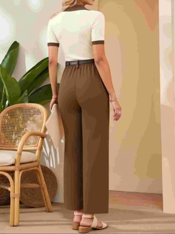 Elegant Women'S Polo Shirt and Wide-Leg Pants Set - Chic Solid Color, V-Neck Short Sleeve with Belt, Casual Spring/Summer Outfit, Polyester Blend, Button Details, Wide Leg Pants, Casual Attire|Vneck Top|Polyester Fabri - Image 2