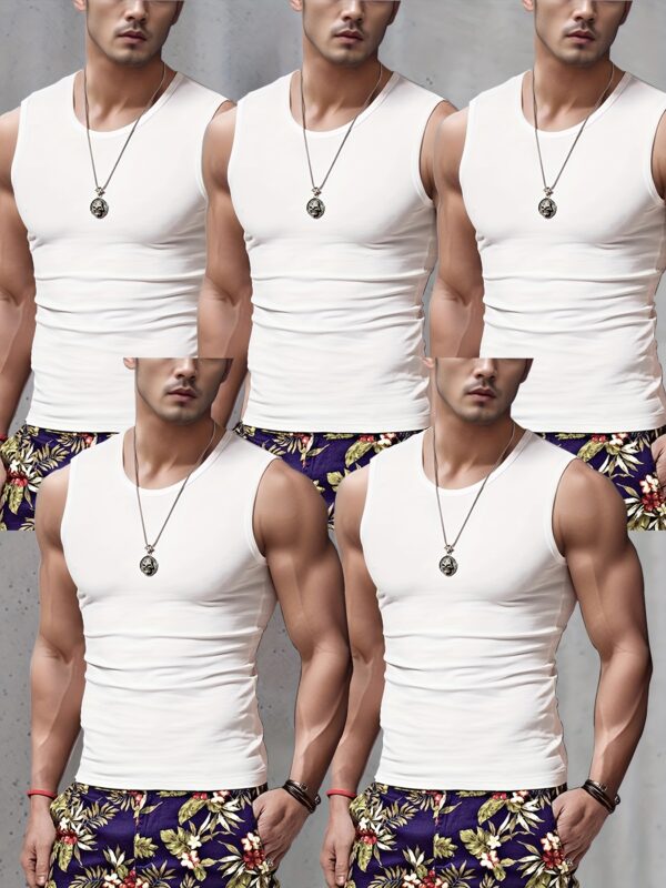 5pcs Men's Vest Wide Shoulder Sports Vest Black Gray White Fitness Underwear Sleeveless T-shirt Comfortable Breathable Round Neck Vest - Image 2
