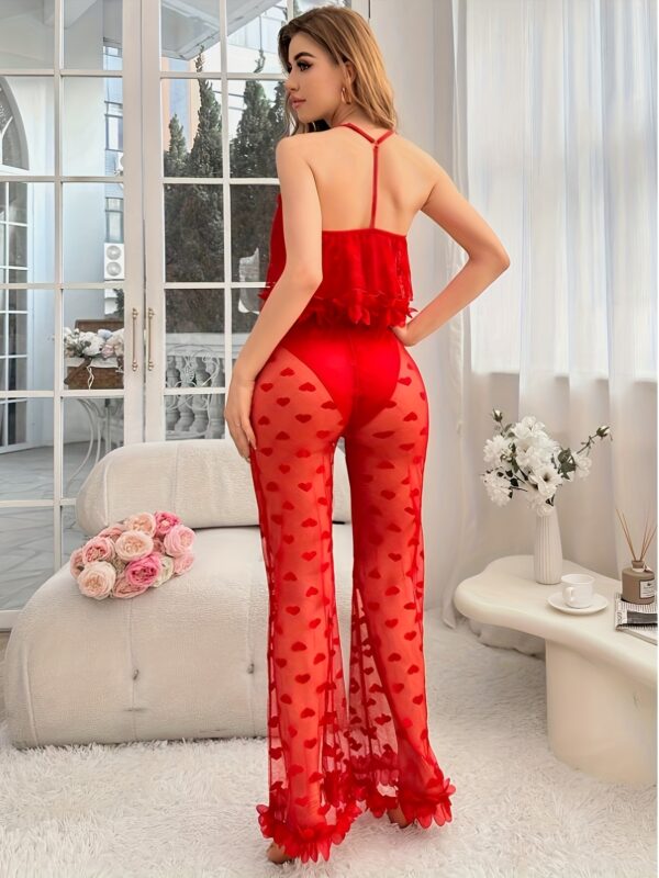 Sexy Lace Patchwork Halter Neck Pleated Lace Heart Print Pajama Set Two Pieces, Top + Pants - Image 2