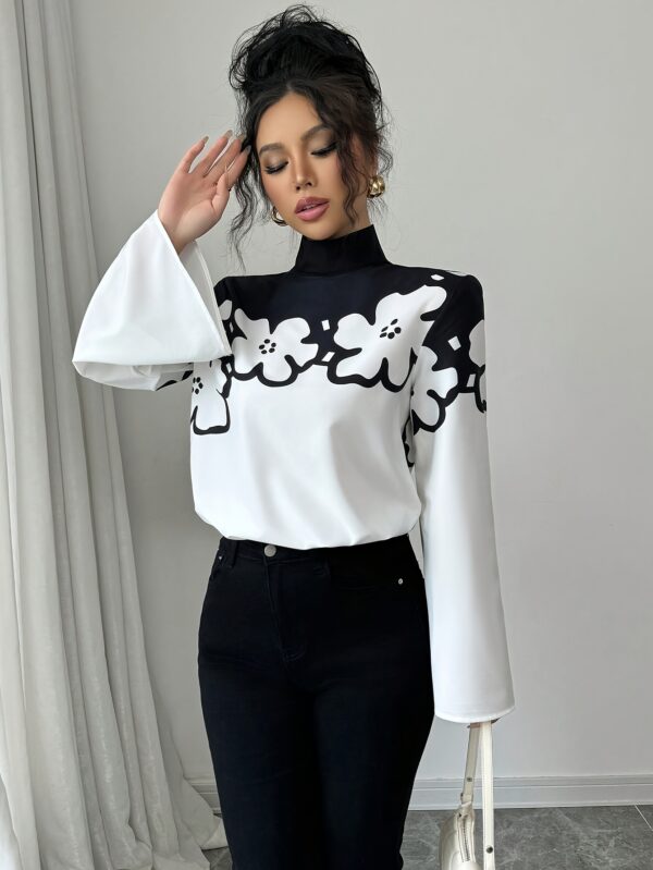 Elegant Floral Print Long Sleeve Stand Collar Shirt for Women - Polyester, Flutter Sleeve, Zipper Closure, All Seasons, Adult Size, Woven Fabric, 120 g/m² - Image 5