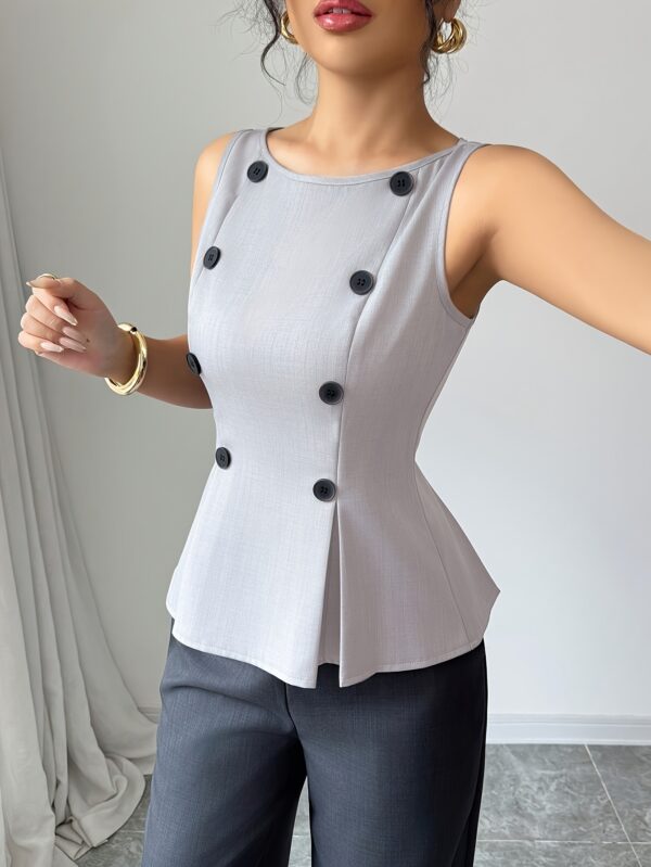 2pcs set: Women's solid color sleeveless crop top with button detailing, paired with contrasting pants for a slim and fitted look - Image 5