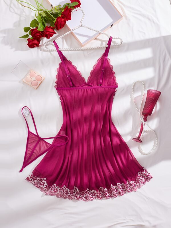 V-neck Two-Tone Lace Sheer Mesh Bow Halter Dress + Thong Set, Sexy Fashion Women's Lingerie Sleepwear - Image 6