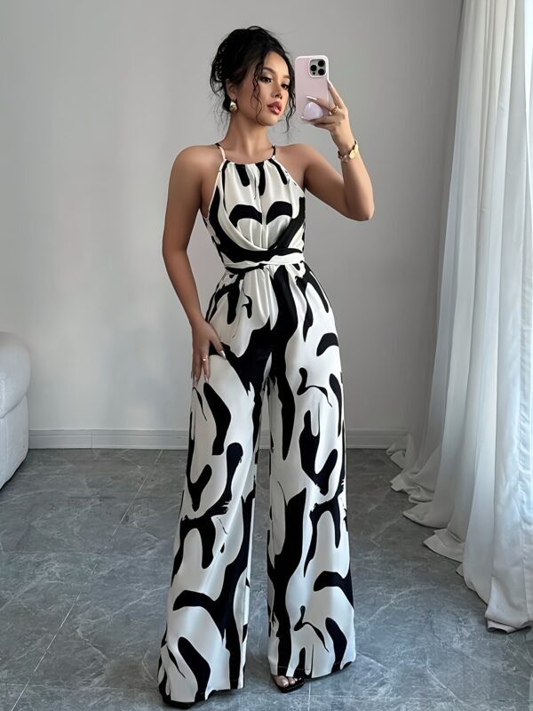 Women'S Elegant Halter Neck Jumpsuit with Tie Waist & Wide-Leg Print - Brown & Black Geometric Pattern, Sleeveless Ruched Design for Vacation & Casual Wear, Vacation Outfit, Stylish Backless, Comfortable Fit - Image 6