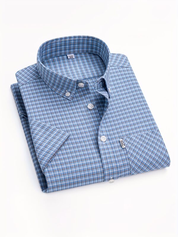 1pc Men'S Cotton Plaid Short Sleeve Shirt - Summer Casual Business Casual with Chest Pockets, Durable & Comfortable, Non-Stretch Fabric, Regular Fit, Blue/White/Orange/Black Checkered Pattern, Perfect for Weekend Outings, Casual Summer Wear | Checkered Pattern Shirt | Comfortable Fit Shirt - Image 3
