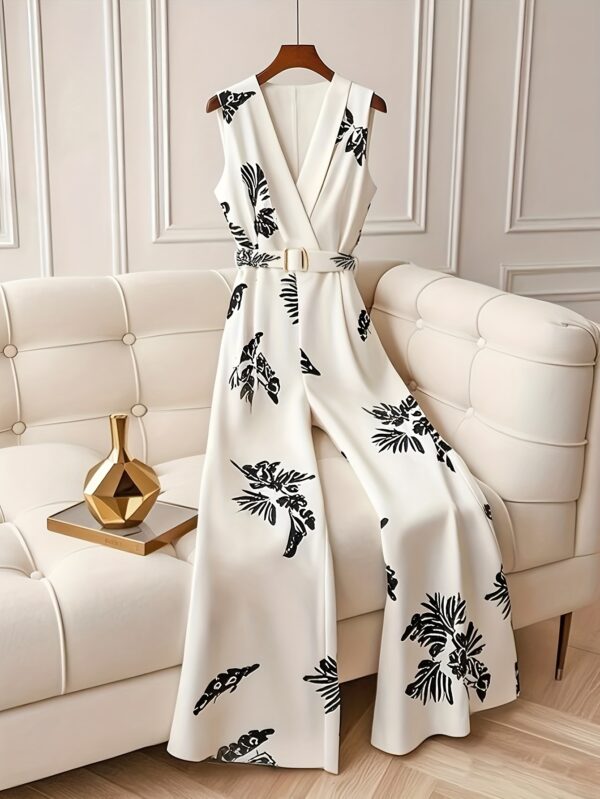 Women'S Elegant Leaf Print Sleeveless Jumpsuit - High Waist, V-Neck, Wide Leg, Black and White Floral Design, Perfect for Spring/Summer, Adult Fashion, Casual Attire|Floral Print Jumpsuit|Waist Belt Detail