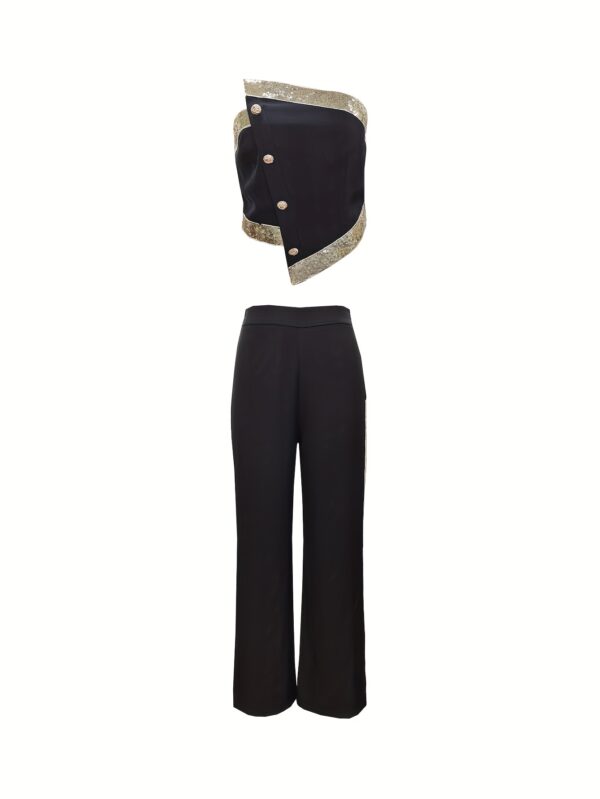 Graceful Strapless Top with Color-Block Decoration and Casual Pants Two-Piece Set, Women's Clothing - Image 2