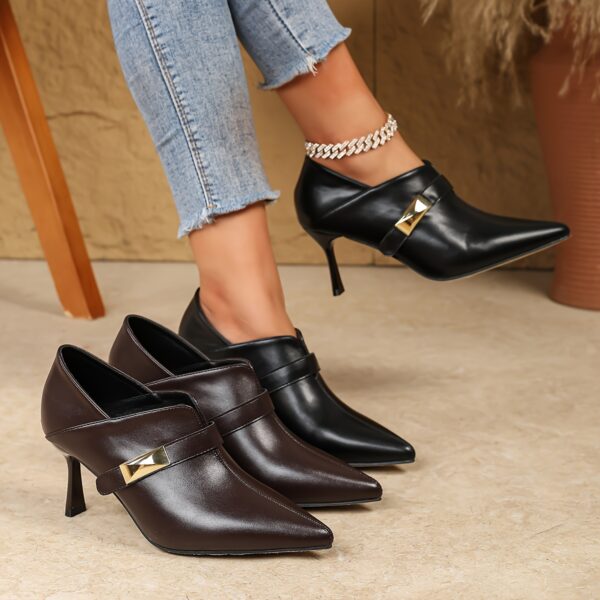 1 Pair Elegant Solid Color Ankle Boot Dress Shoes for Women - Spring 2024 Collection, Pointed Toe Slip-On High Heel Stiletto Pumps with Metal Accent, All-Season Dress Footwear