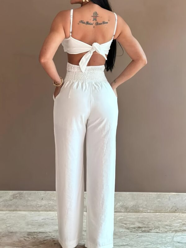 Women's Mint Green Casual Jumpsuit - Thin Strap Top & Wide-Leg Pants with Bow Detail, Solid Color Non-Stretch Fabric, Machine Washable All-Season Outfit, Summer Fashion, Sophisticated Design, Casual Attire, Lightweight Fabric, Stylish Romper, Fashion Lovers - Image 7
