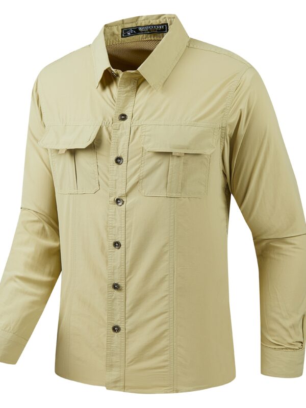 Men's Quick-Dry Shirt - Beige Button-Up Formal & casual shirt with Button Front Placket, Long Sleeve Non-Sticky Fabric for Office, Outdoor, Gym, Travel - Easy-Care Button-Up Blouse for Everyday & Formal Events, Outdoor Clothing, Classic Collared Design, Nonelastic Textile - Image 5