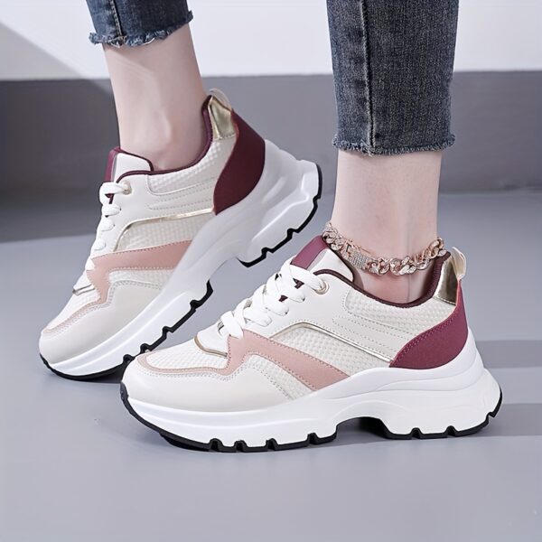 Women'S Fashion Sneakers, Lightweight Running Shoes with Thick Sole, Breathable Mesh Casual Lace-up Outdoor Athletic Shoes, Solid Color All-Season Footwear, Fabric Upper, TPU Sole - Image 5