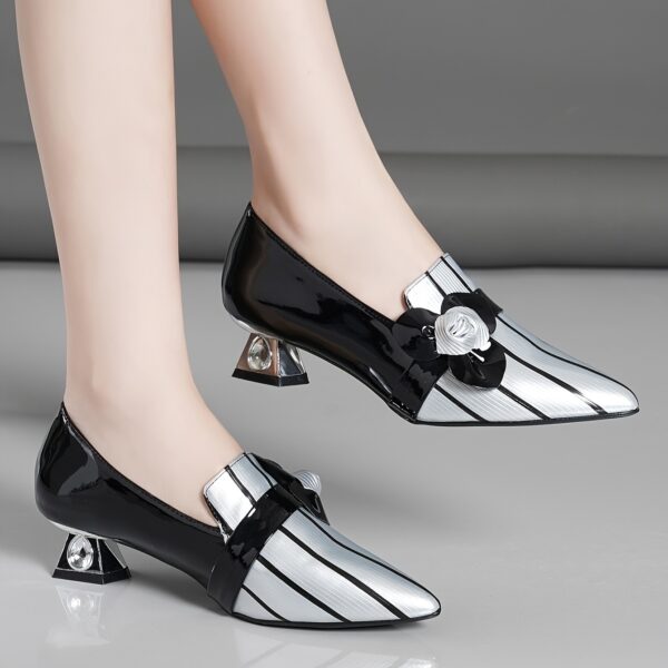 Elegant Women'S Black & Silvery Pointed Toe Pumps - Mid-Heel, Synthetic Cover, Rubber Sole, Fall Season Fashion Shoes with Decorative Bow Detai - Image 4