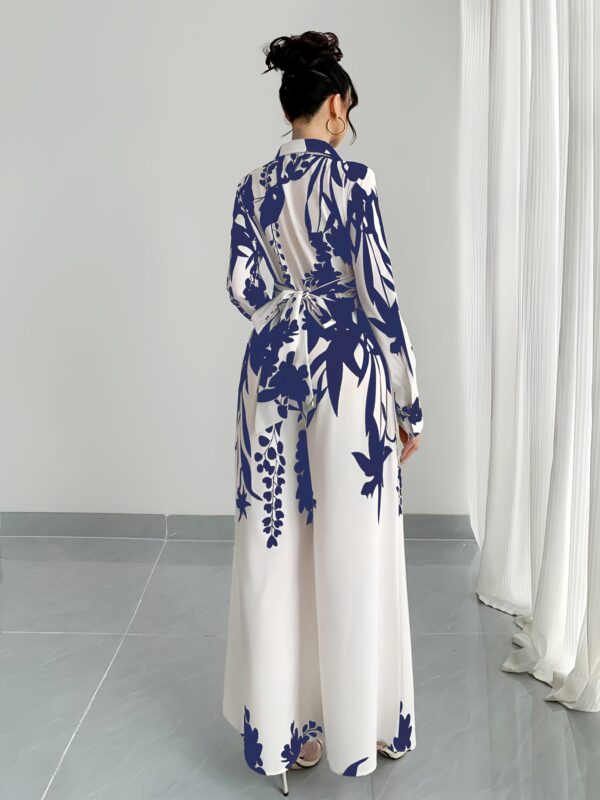 Women's leaf print shirt collar jumpsuit, long sleeve tie waist jumpsuit - Image 6