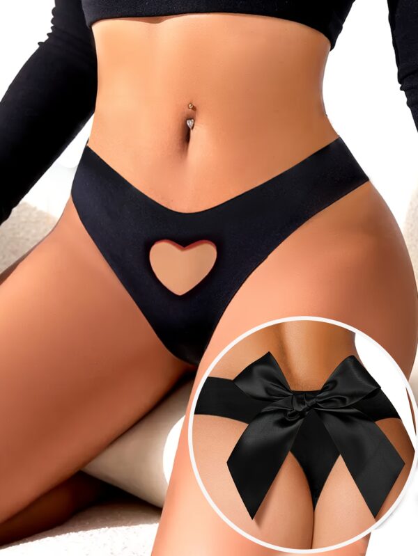 Women'S Sexy Black Thong with Heart Cut-Out & Large Red Bow - Lace Trim, Adjustable Back Strap, High-Quality Fabric for Casual Attire, Casual Attire Thong | Elegant Lingerie | Adjustable Thong - Image 8