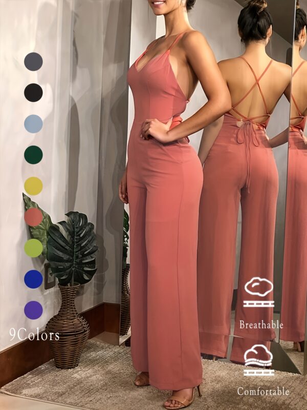 Cross Tie Back V-neck Jumpsuit, Sexy Solid Backless Jumpsuit For Spring & Summer, Women's Clothing - Image 3
