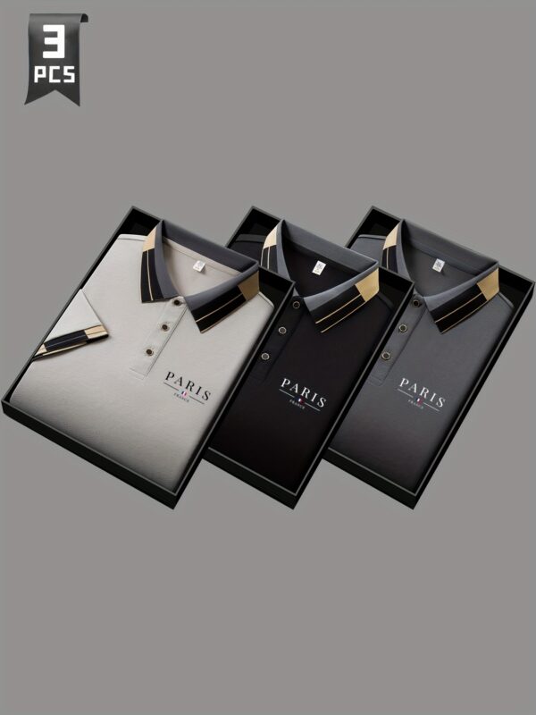 3pcs Men'S Summer Solid Color Knit Button Classic Stand Collar Polo Shirt, Paris Letter Print, Simple Paul Polo Shirt, Suitable for Outdoor Golf Sports and Casual Daily Wear, Soft Texture Fabric, Men'S Gift - Image 4