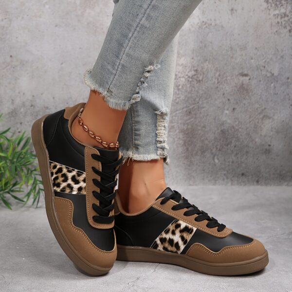 Women'S High-Quality Fashion Sneakers with Black and Brown Leopard Print, Comfortable Low-Top Casual Sports Shoes with Lace-Up Closure, All-Season Wear, Casual Footwear | Stylish Laceup Sneakers | Durable Rubber Sole