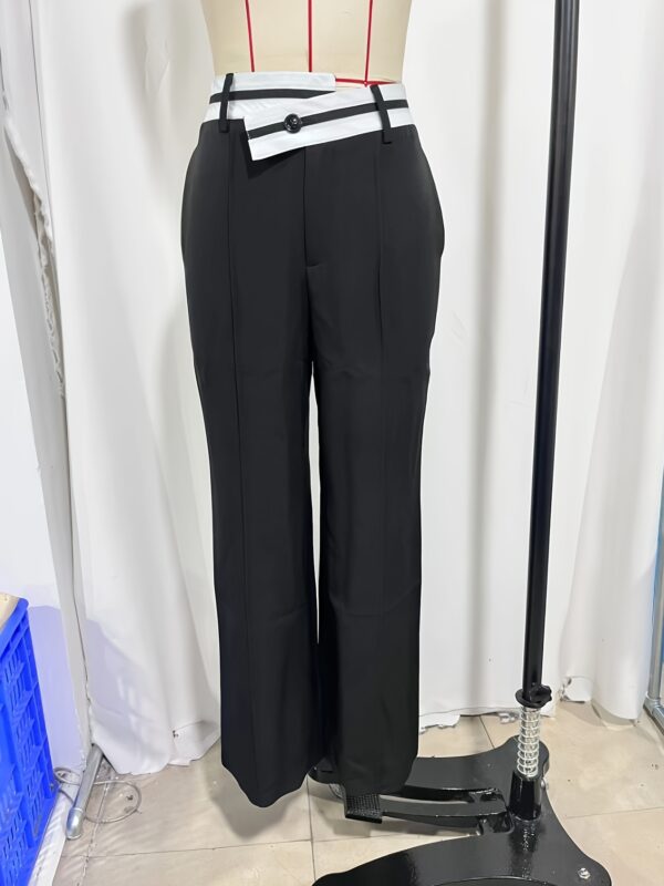 Women'S High-Waist Wide Leg Pants with White Belt - Elegant Solid Color Black, Comfortable Loose Fit for Casual or Commute, Button Detail, Spring Season Styl