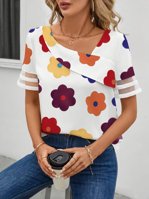 Women'S Summer Casual Floral Print Blouse with Mesh Detail - Short Sleeve, Asymmetric Neck, Loose Fit, White Background with Colorful Flowers, Perfect for Casual Attire, Casual Attire Blouse | Floral Print Top | Asymmetric Neckline, Ladies T Shirts - Image 24