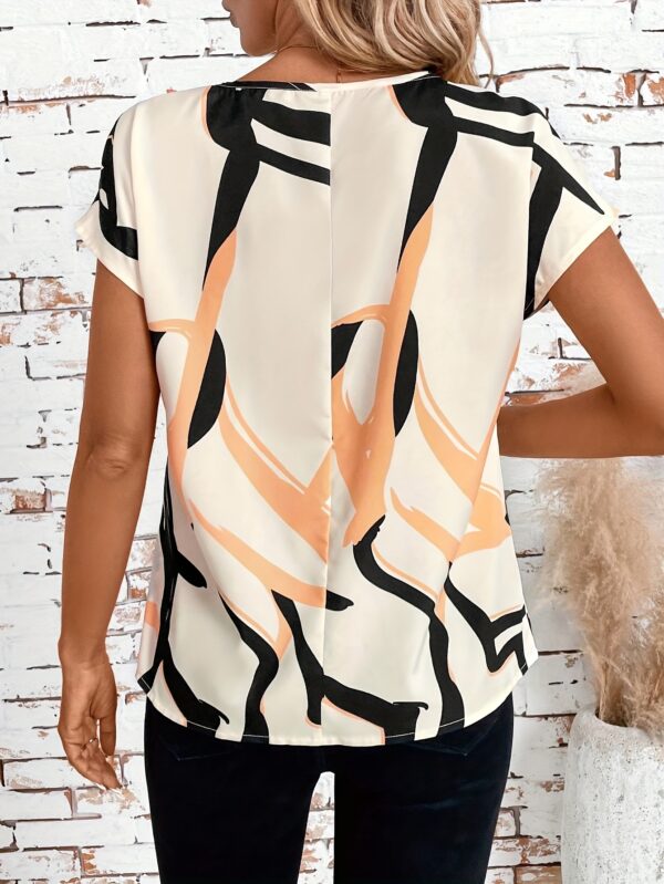 Women'S Wave Pattern Printed Short Sleeve Shirt, Polyester 100% Crew Neck, Regular Length, Woven Fabric, 120g/m², Spring/Summer/Fall Season, Adult Fashion Top - Image 4