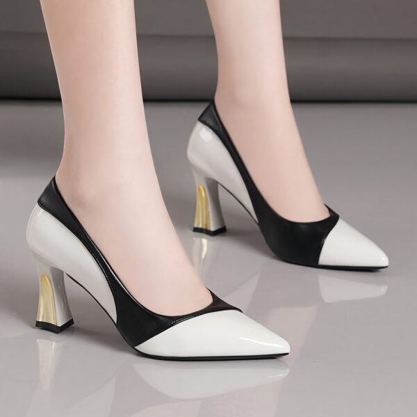 Women'S Black & White Pointed Toe High Heel Pumps - Comfortable Slip-On Dress Shoes with Thick Rubber Sole, Synthetic Cover Upper & Insole for Fall Season, Stylish Low-Cut Design, Low-Cut Footwear | Elegant Footwear | Durable Footwea