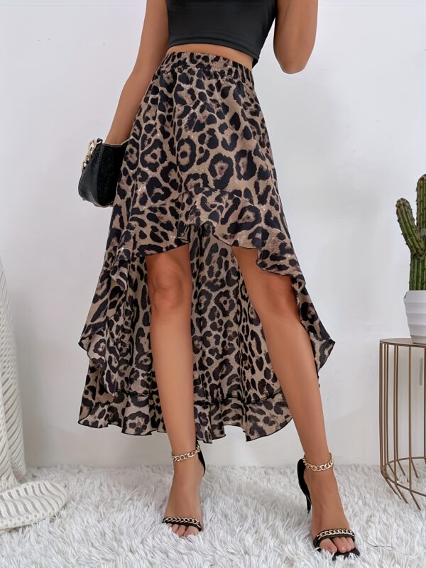 Women's Leopard Print Tiered Ruffled Hem Skirt - High-Low Asymmetrical Design, Lightweight Machine-Washable Fabric for Spring/Summer, Elegant Casual to Dressy Outfits, Leopard Print Skirt, Summer Fashion, Nontransparent Fabric - Image 3