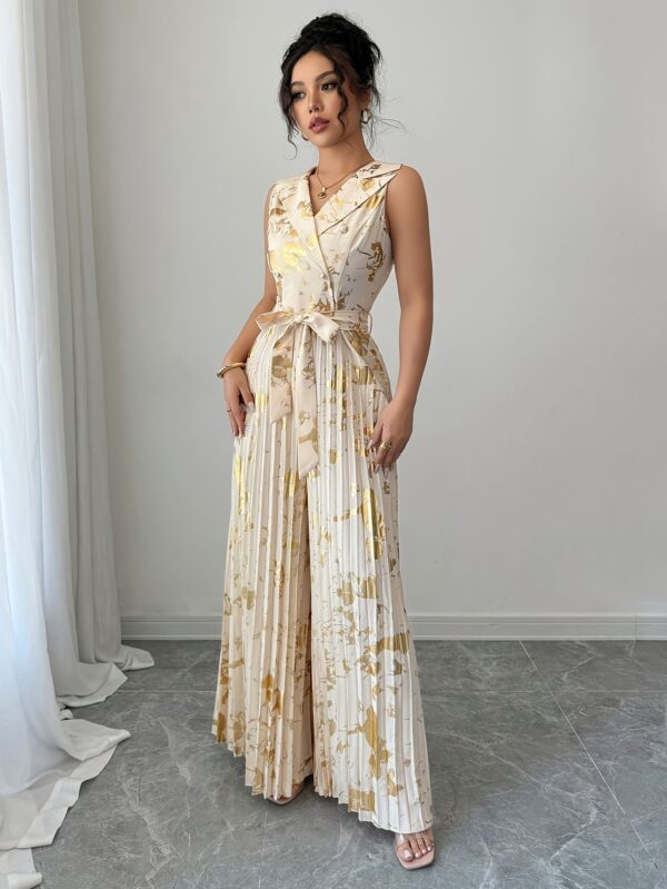 Elegant Sleeveless Geometric Print Jumpsuit with Waist Tie - Long, Button-Up Dress for Women, Perfect for All Seasons, Stylish Adult Fashion, Elegant Attire | Geometric Print Jumpsuit | Waist Tie Detail - Image 6