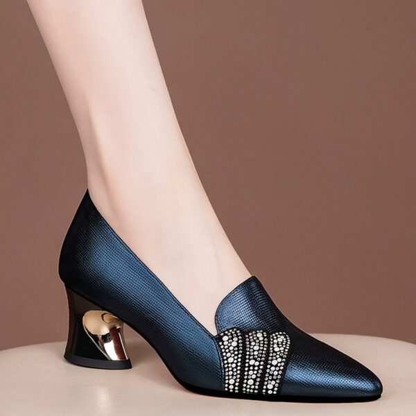 Women'S Elegant Deep Blue Pointed-Toe Block Heel Pumps with Sparkling Rhinestone Bow Detail - Mid-Heel Synthetic Cover Dress Shoes for Fall, Formal Events & Office Wear, Formal Footwear, Sophisticated Style, Durable Rubber Sole