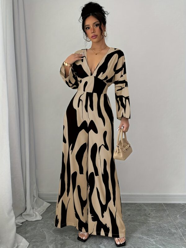 Women'S Elegant Black and White Abstract Print Jumpsuit - V-Neck, Long Sleeve, Wide Leg, Casual Party Wear for Spring/Summer, Casual Party Attire|Vneck Jumpsuit|Polyester Fabric - Image 9